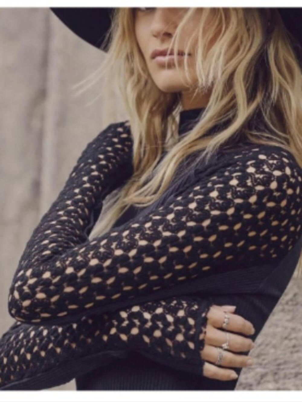 Free People Black Clemente Mock Neck Ribbed Crochet Sleeve Top Medium EUC